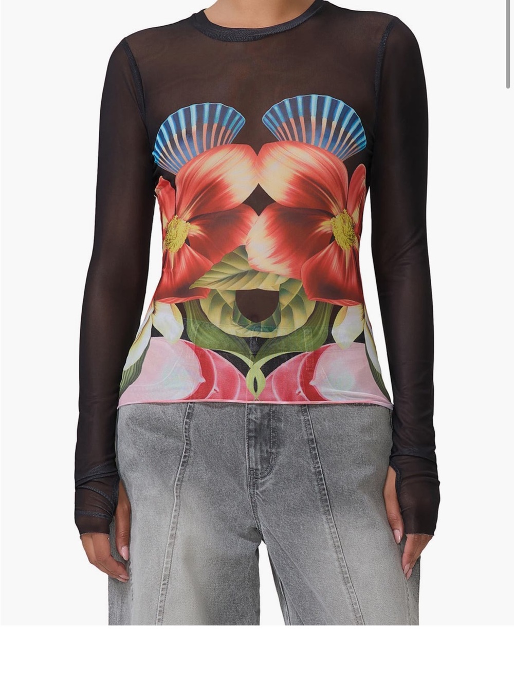 Black Mesh Floral Print Long-Sleeve Top